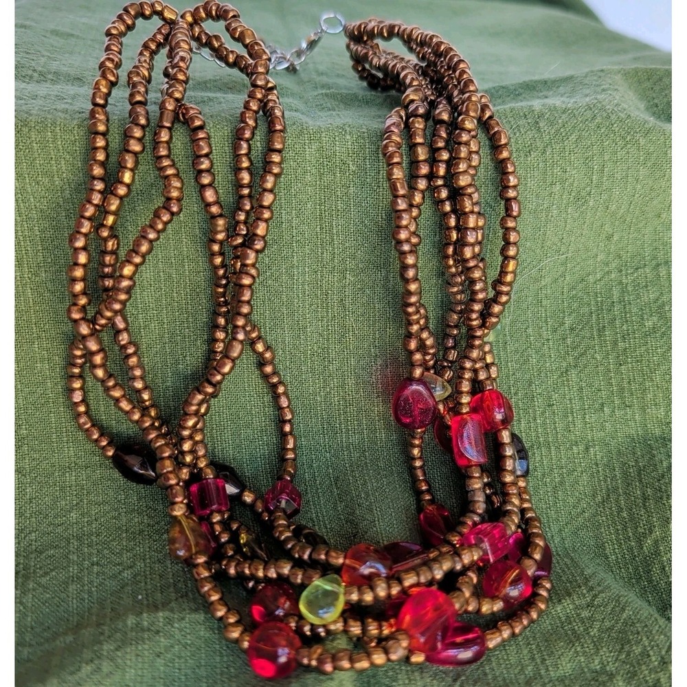 Art Glass Multi Strand Beaded Necklace Brass Tone 6 Strand Boho 16"+3" Colorful